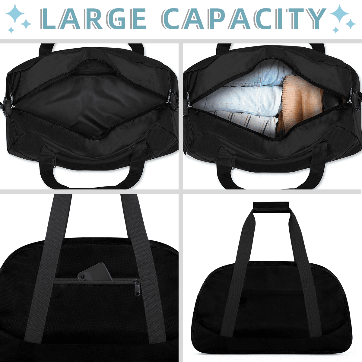 Herdesigns Black Sports Duffle Bag for Women & Men, Gym Bag Dance Bag Overnight Bag Carry On Weekender Travel Bag