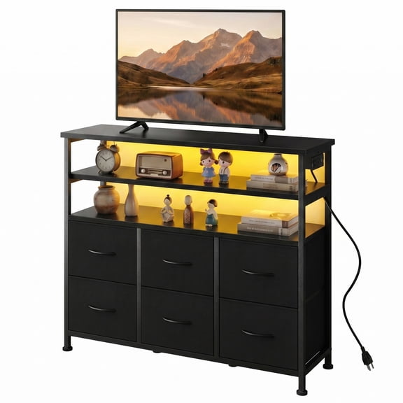 CONCETTA TV Stand for 45 Inch TV, 6-Drawer Dresser with 3-Tier Open Shelves, LED Lights, Charging Station, Wood Top Entertainment Center for Bedroom, Living Room, Hallway, Black