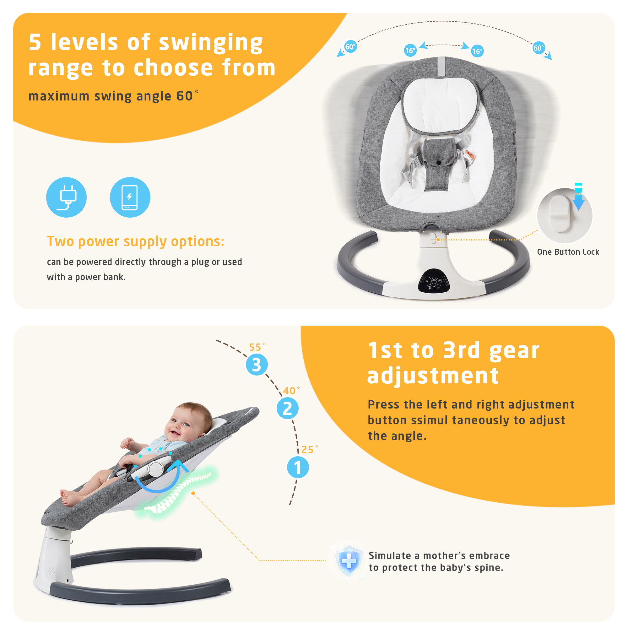 SACVON Baby Swing with Bluetooth Music and Remote Control, 5 Adjustable Settings, Portable, Suitable for Indoor and Outdoor Use,Dark Gray