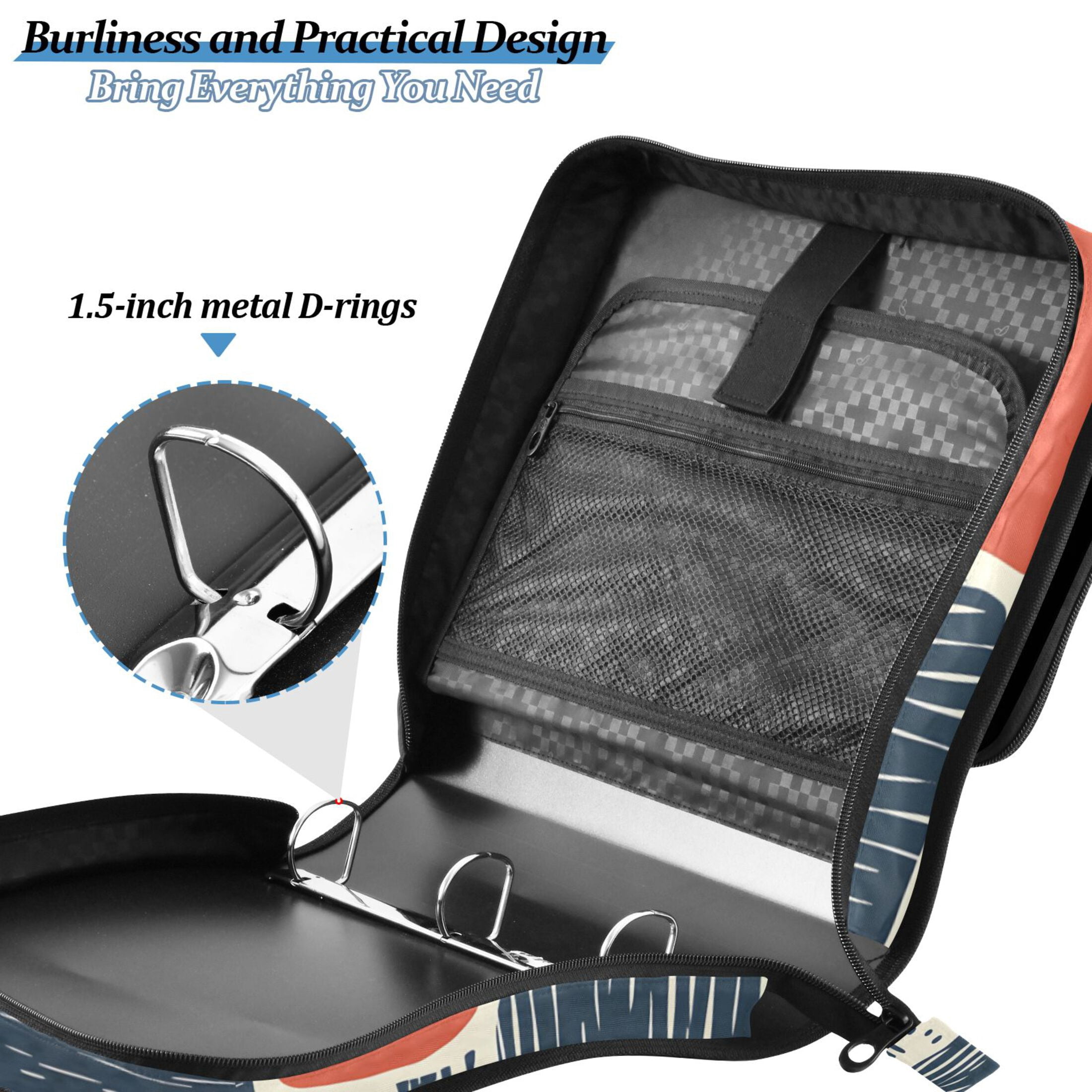 3 Ring Zipper Binder with Shoulder Strap Waterproof Trapper Keeper 2 Inch D-Ring 500 Sheets Capacity Line Block Doodle