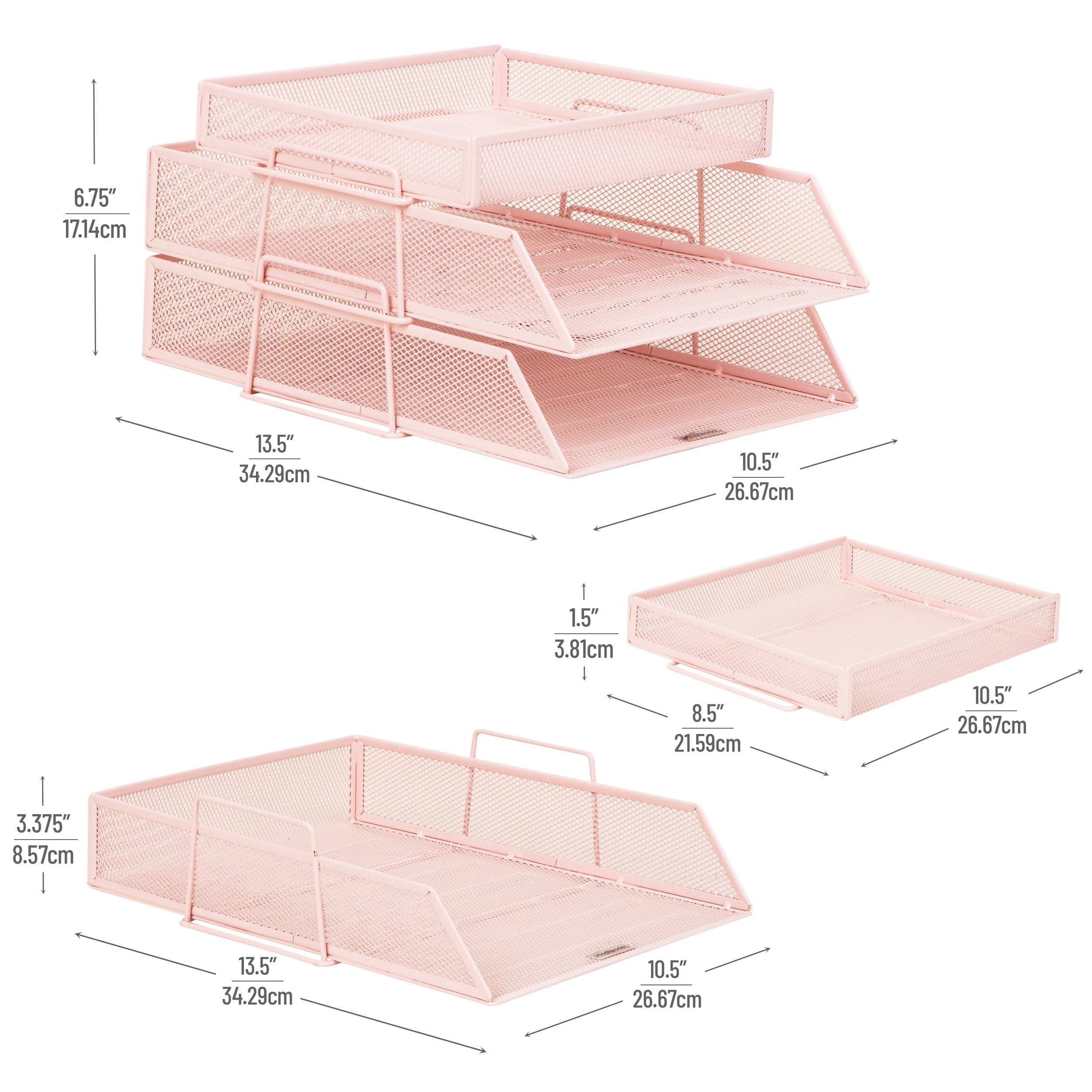 Mind Reader 2 Tier Paper Tray with Top Supply Compartment, Desktop File Organizer, Metal Mesh, Pink