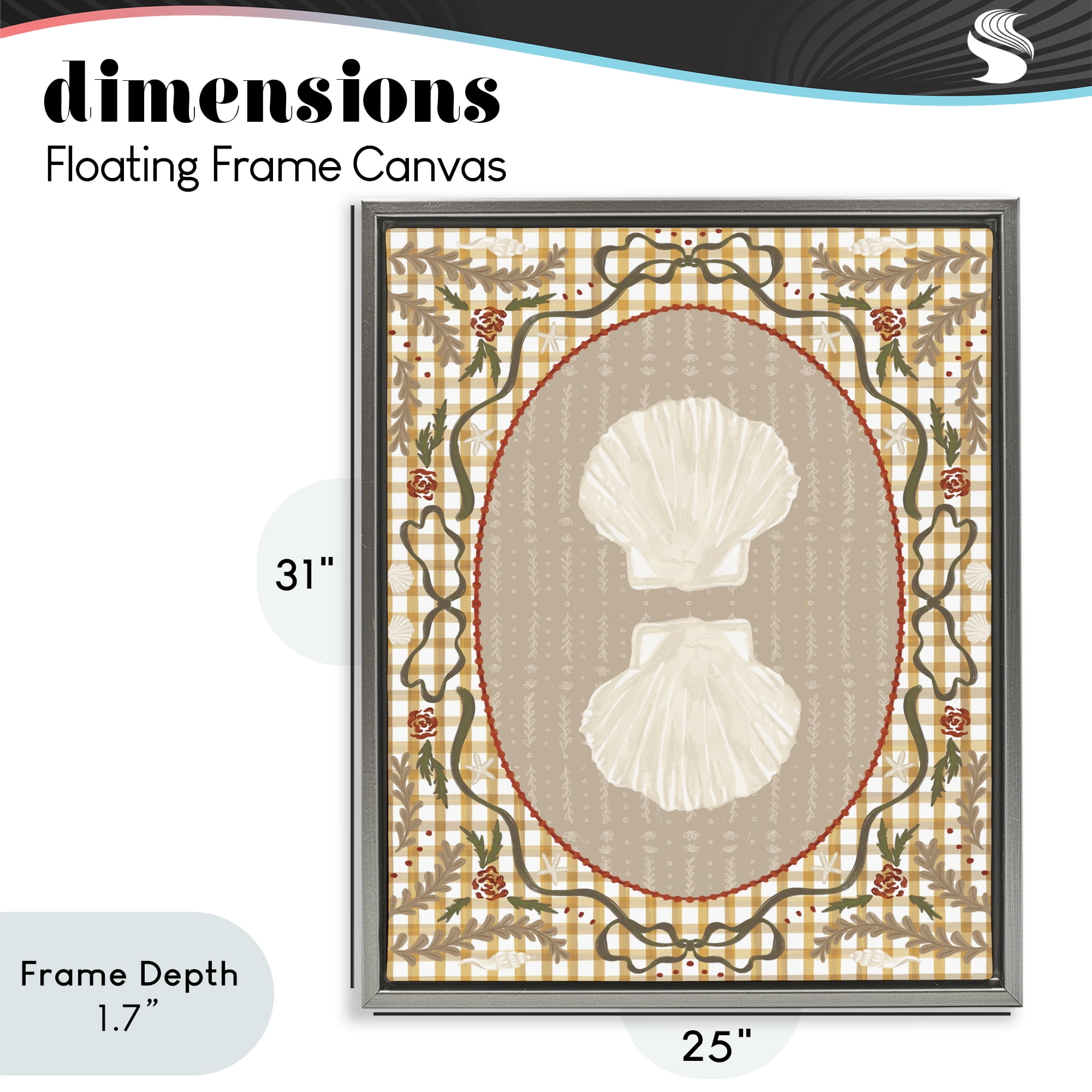 Stupell Industries Vintage Shells on Gingham Gray Framed Floater Canvas Wall Art, design by Vero Illustrates
