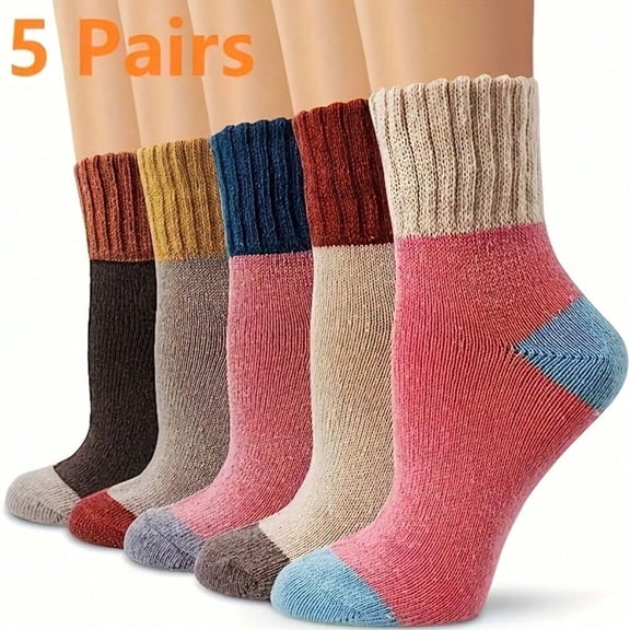 5 Pairs Autumn Plush Socks - Mid-Tube Striped Pattern with Comfortable Warm Fabric, Ideal for Winter Seasons, Unisex Design sizes 5–9