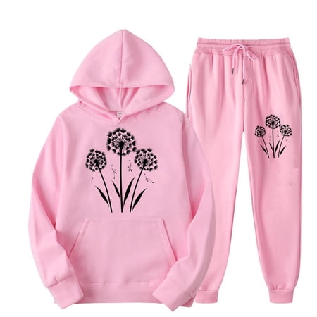 SwiftWear Women 2 Piece Hoodie Sweatshirts Set Dandelion Hoodie and Sweatpants Matching Sets 2024 Fall Outfits Pink L