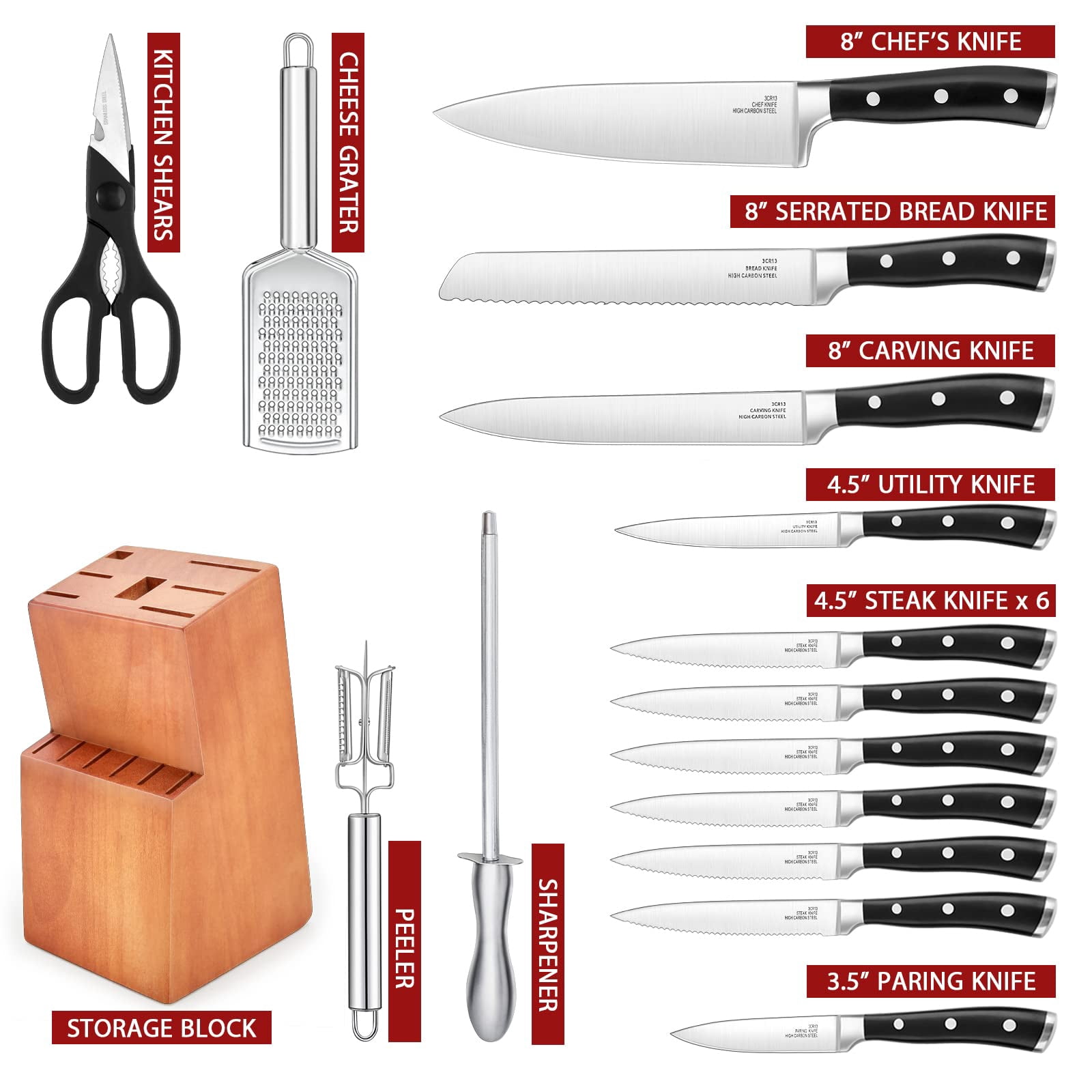 Vesteel Kitchen Knife Set with Block, 16-Piece High Carbon Stainless Steel Knife Block Set Includes Chef Utility Paring Steak Serrated Bread Knife