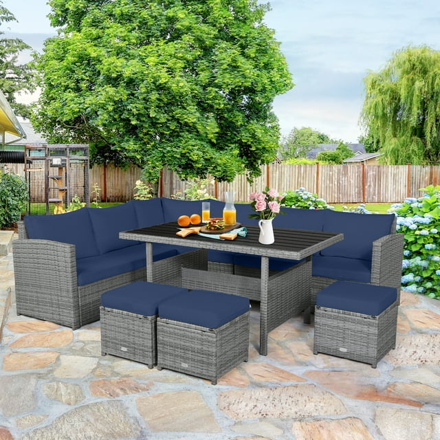 Patiojoy Ensemble de Conversation d'Extérieur en Osier, 7 Pcs, avec Coussins Bleu Marine