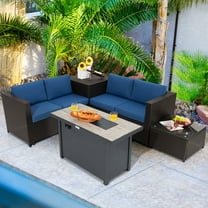 Gymax 5PCS Patio Rattan Furniture Set Fire Pit Table w/ Cover Storage Cushion Navy
