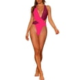 thumbnail image 2 of INSPIRE CHIC Traje de baño de una pieza para mujer, bañador con escote en V profundo y espalda cruzada, monokini en color fluorescente rosa y rojo vino, 2 of 5