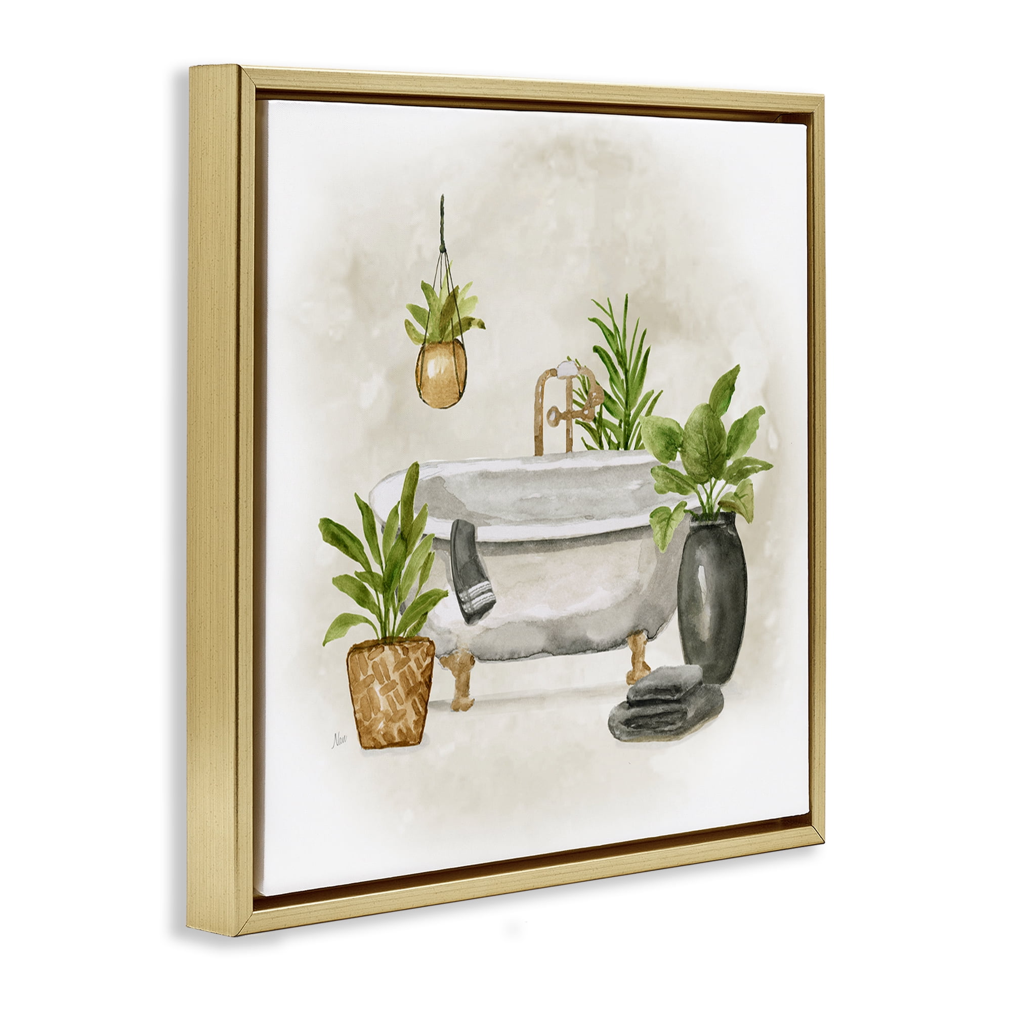 Stupell Industries Bathroom with Plants Bath & Laundry Painting Gold Floater Framed Canvas Art Print Wall Art, 25 x 25