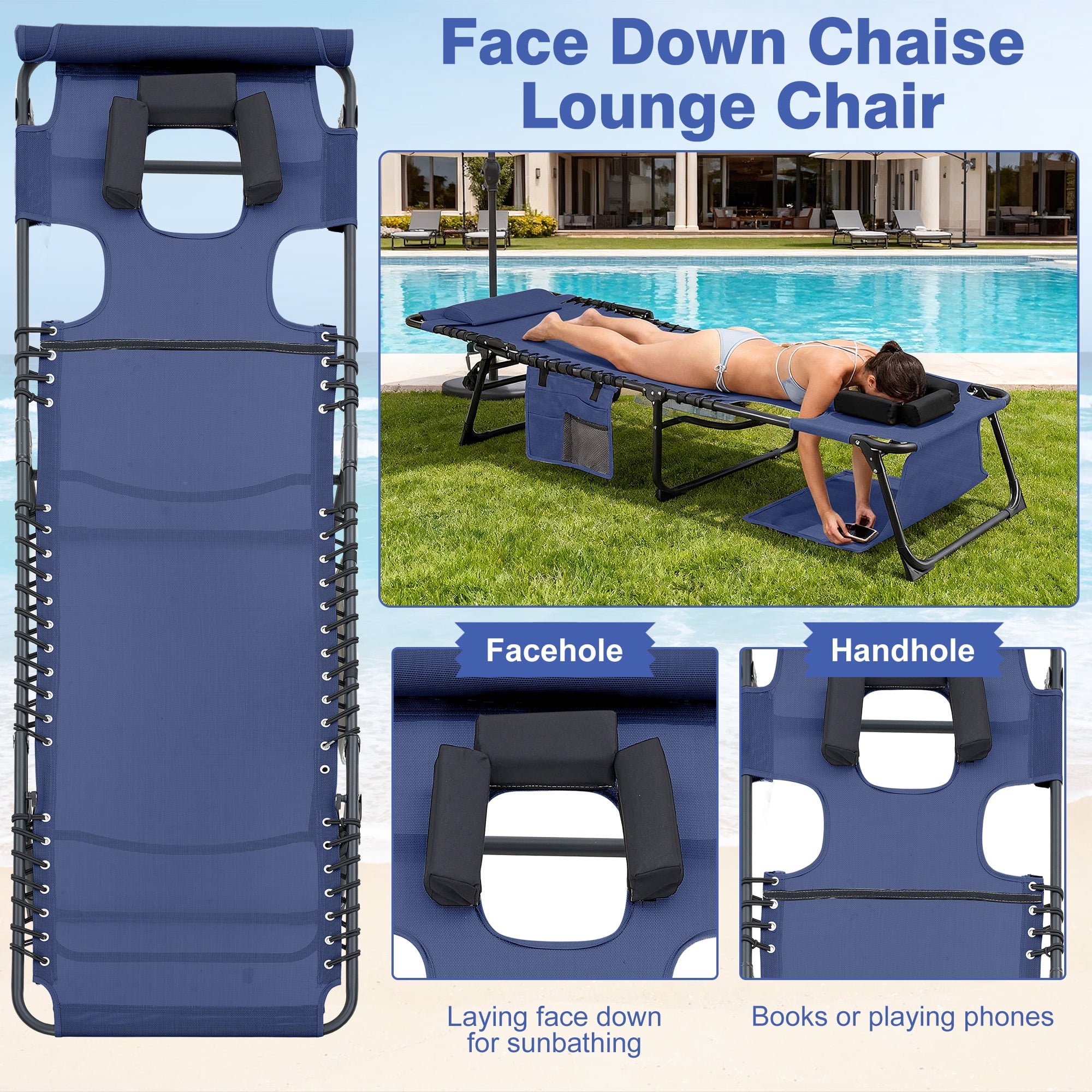2‑Pack Dark Blue 5‑Position Adjustable Face‑Down Chaise Lounge Chair, Foldable Tanning Recliner with Face & Arm Holes, Outdoor Sunbathing Chair for Pool Beach Patio Lawn