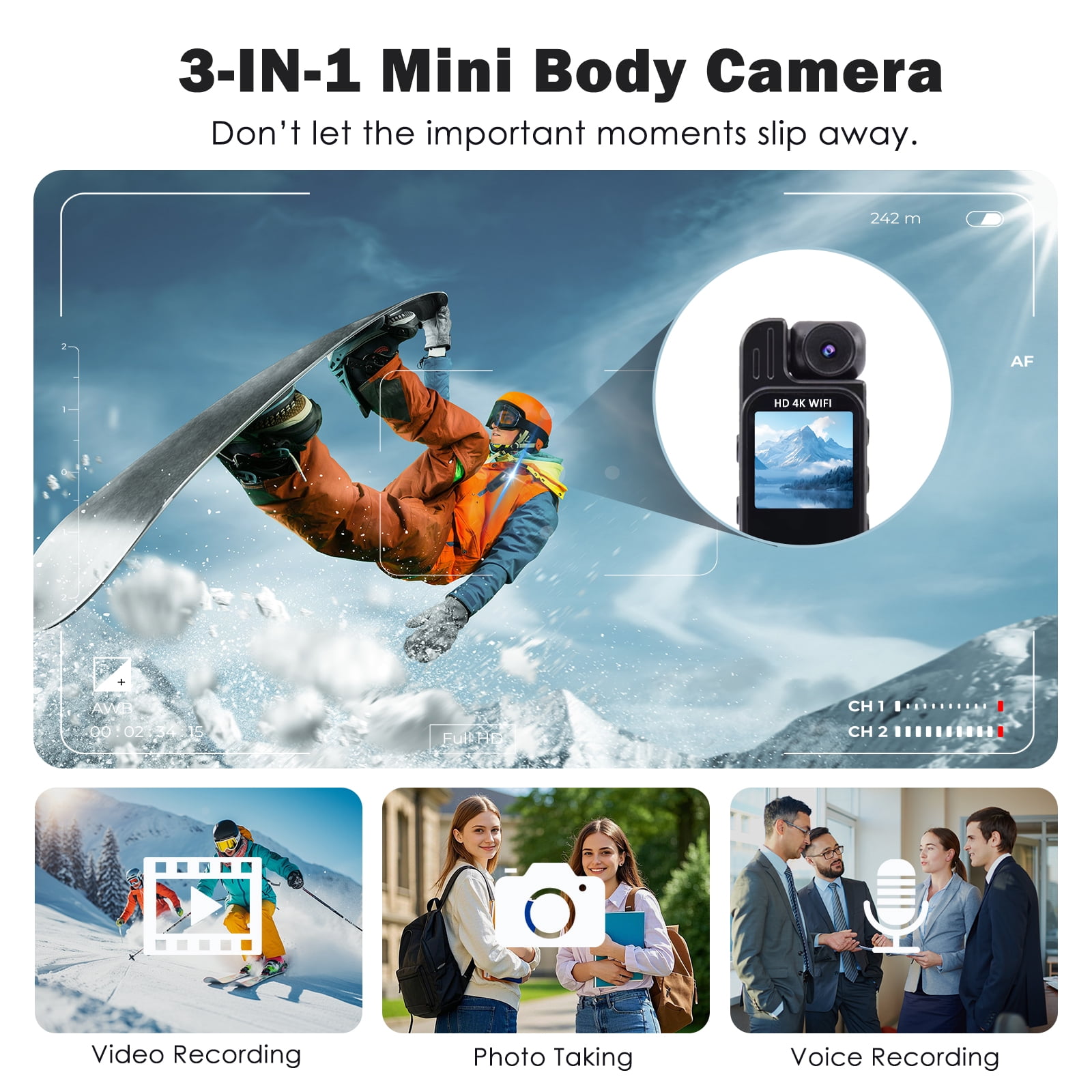 RONY 128GB 4K Body Camera with Audio and Video Recording Night Vision 180° Rotating Lens Wearable Pocket Camera with Back Clip for Outdoor Sport Bike Travel Patrol, WiFi Support