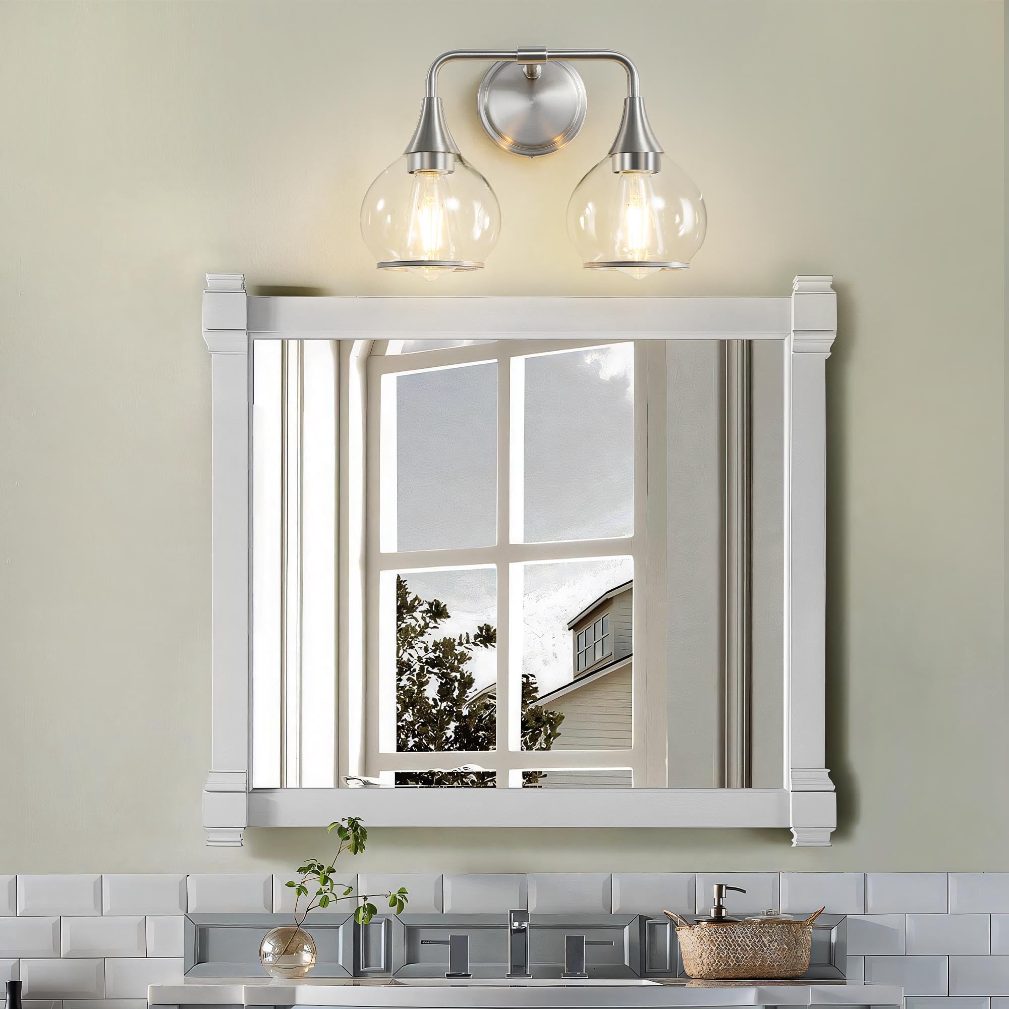 Brushed Nickel Bathroom Wall Sconce 2 Lights Bathroom Light Fixtures Over Mirror with Clear Glass Shade Vanity Light  Lighting