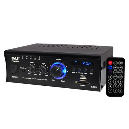 PYLE PCAU35A - Digital Stereo Amplifier - Compact Audio Speaker Amp, AUX Input, USB/SD Readers, LED Display, 2 x 75