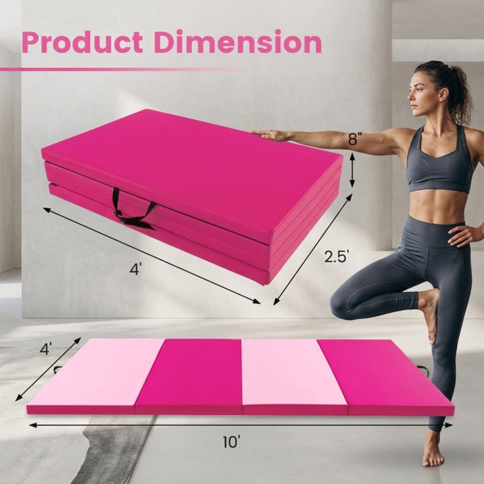 Airfind 4 Panel Folding Exercise Mat with Carrying Handles and Thick Foam for Home Gym Gymnastics Yoga and Tumbling Workouts, Pink