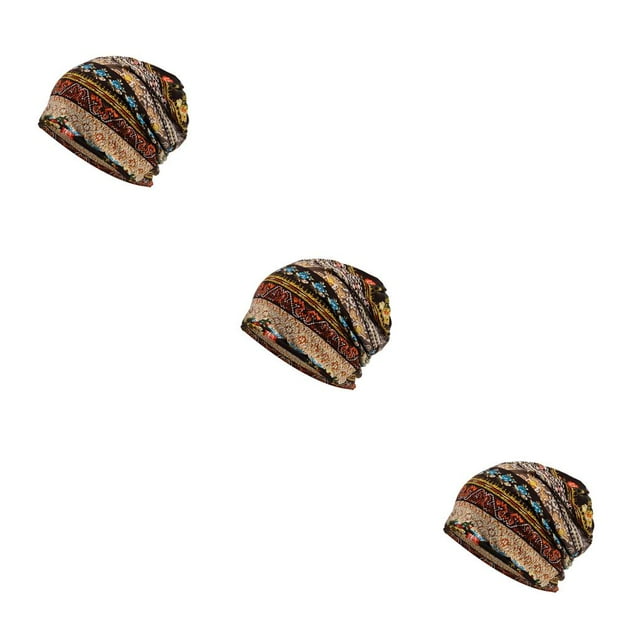 Beanie Hat Bohemian Style Hijab Floral Print Turban Ear Protection Bonnet Coffee floral 3Set