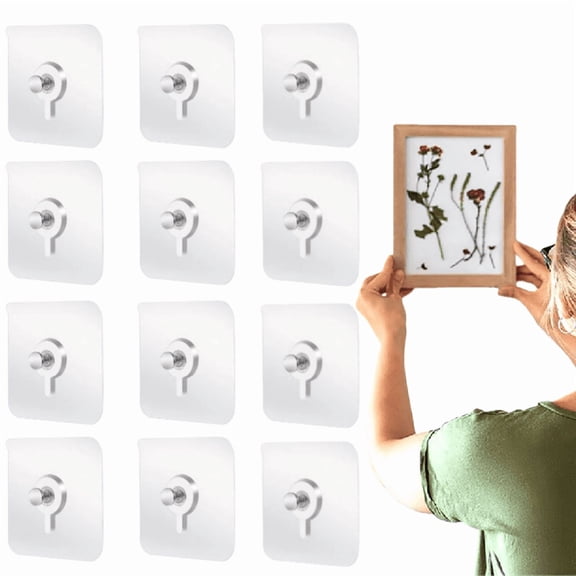 Picture Hangers Without Nails, 20 Ibs Load Heavy Duty Self Adhesive Wall Hooks No Drill Hooks for Hanging, Upgraded Picture Hangers Without Nails Nail Free Wall Hangers for Home(2.36" × 2.36", 12pcs)