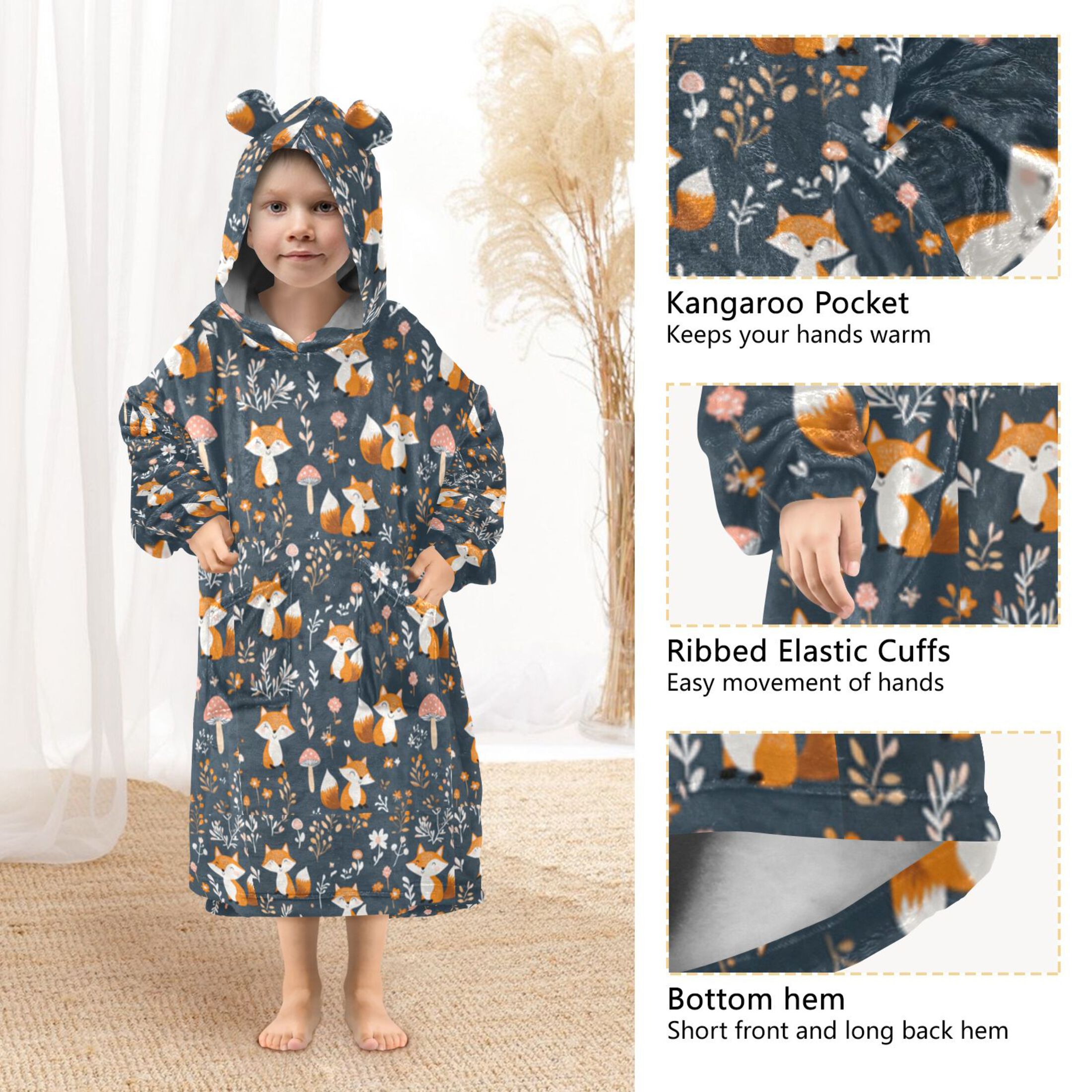 Wearable Blanket Hoodie for Kids Cute Fox and Mushrooms Flannel Hooded Blanket with Pockets and Sleeves Suitable for Boys and Girls