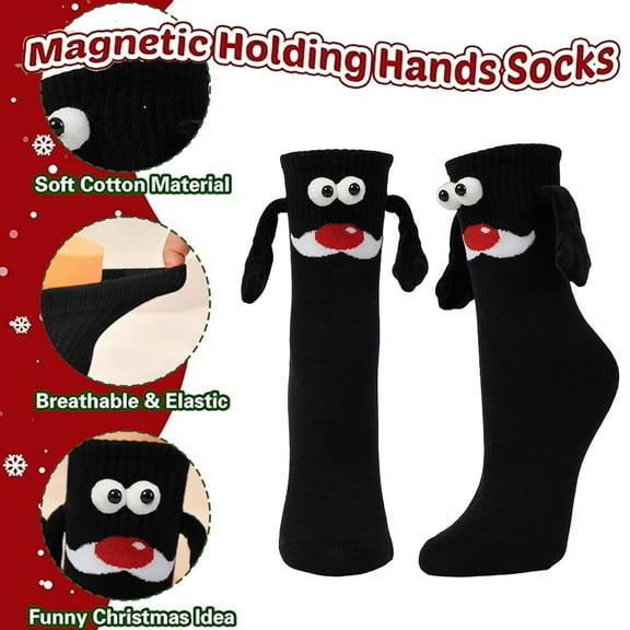 Sunvit-Panties Womens Black Christmas Magnetic Holding Hands Socks – Crew-Length, 3D Cartoon Face, Nylon-Spandex Blend, One Size Fits Most Adults, Festive Novelty,Size Free Size