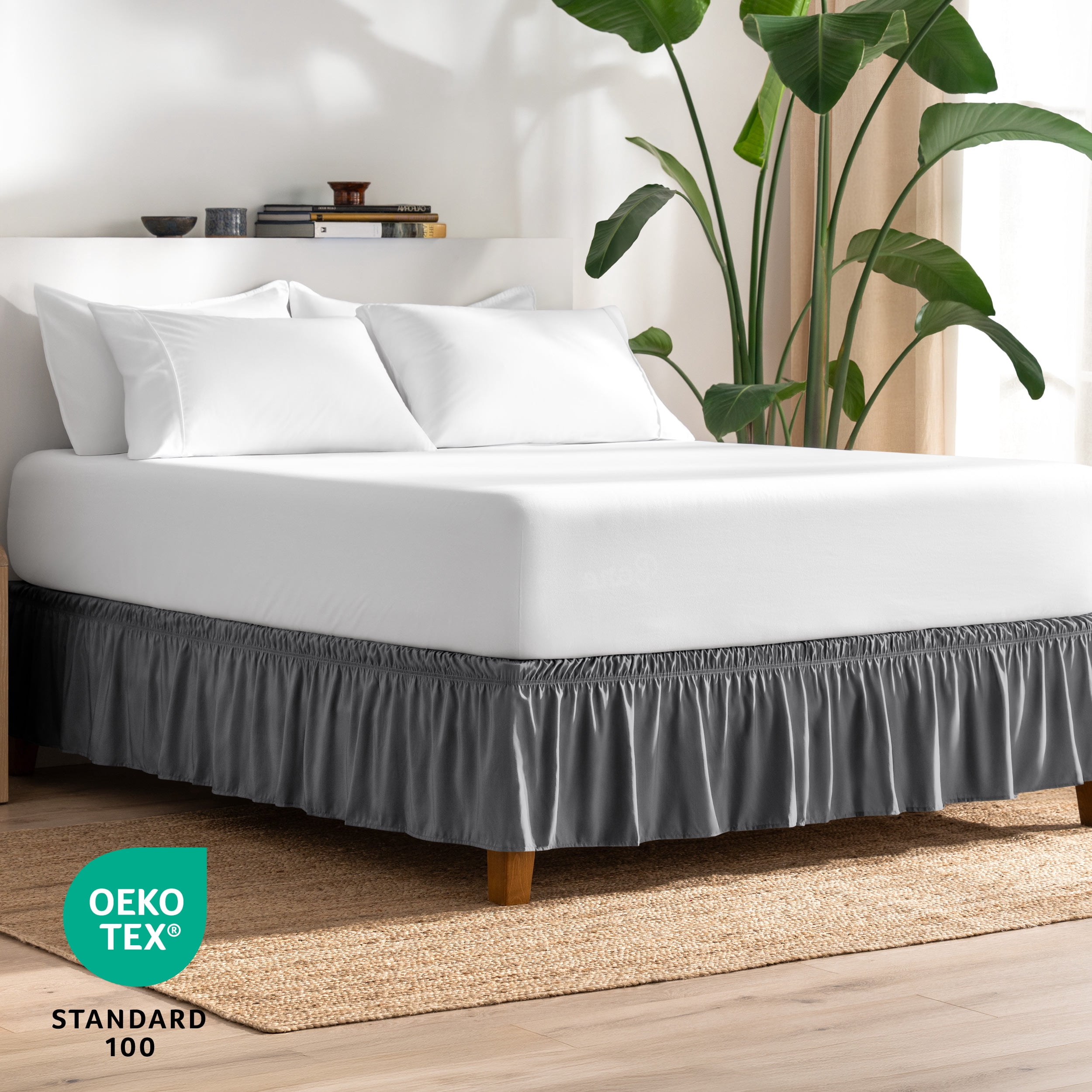Bare Home Adjustable Wrap Around Bed Skirt - 15 Inch Drop - Easy Fit - Ruffle Pleats - Queen, Gray