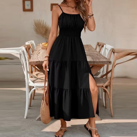 Bnwani Maxi Sundresses for Women,Summer Dresses,Ankle Length,Ruffle,Square Neck,Sleeveless,Black,S