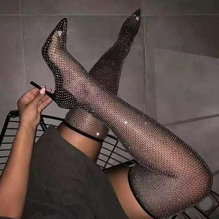

YOTAMI Womens Shoes Club Diamond High Heel Over Knee Stage Full Diamond Stockings Mesh Stockings Boots Streetwear Black 6