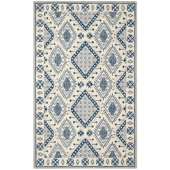 SAFAVIEH Micro-Loop Jolene Geometric Wool Area Rug, Ivory/Blue, 5' x 8'