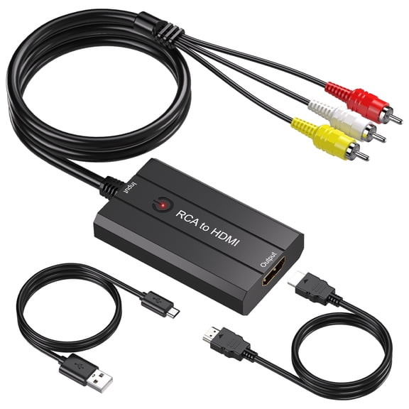 [Brand] Male RCA to HDMI Converter with Cables, Composite AV to HDMI Adapter with Female RCA Output, 1080P, for VHS DVD Players