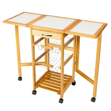 Zimtown Folding Rolling Drop Leaf Kitchen Island Trolley Cart Storage Drawers Baskets Wood Color