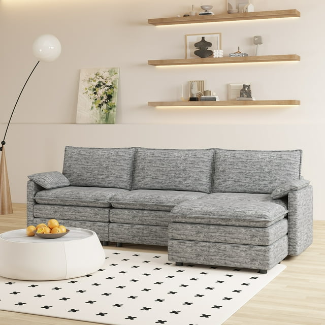 108" Modular Chenille Cloud Sectional with Ottoman, Extra-Deep l-Shape Sofa for Living Room & Apartment