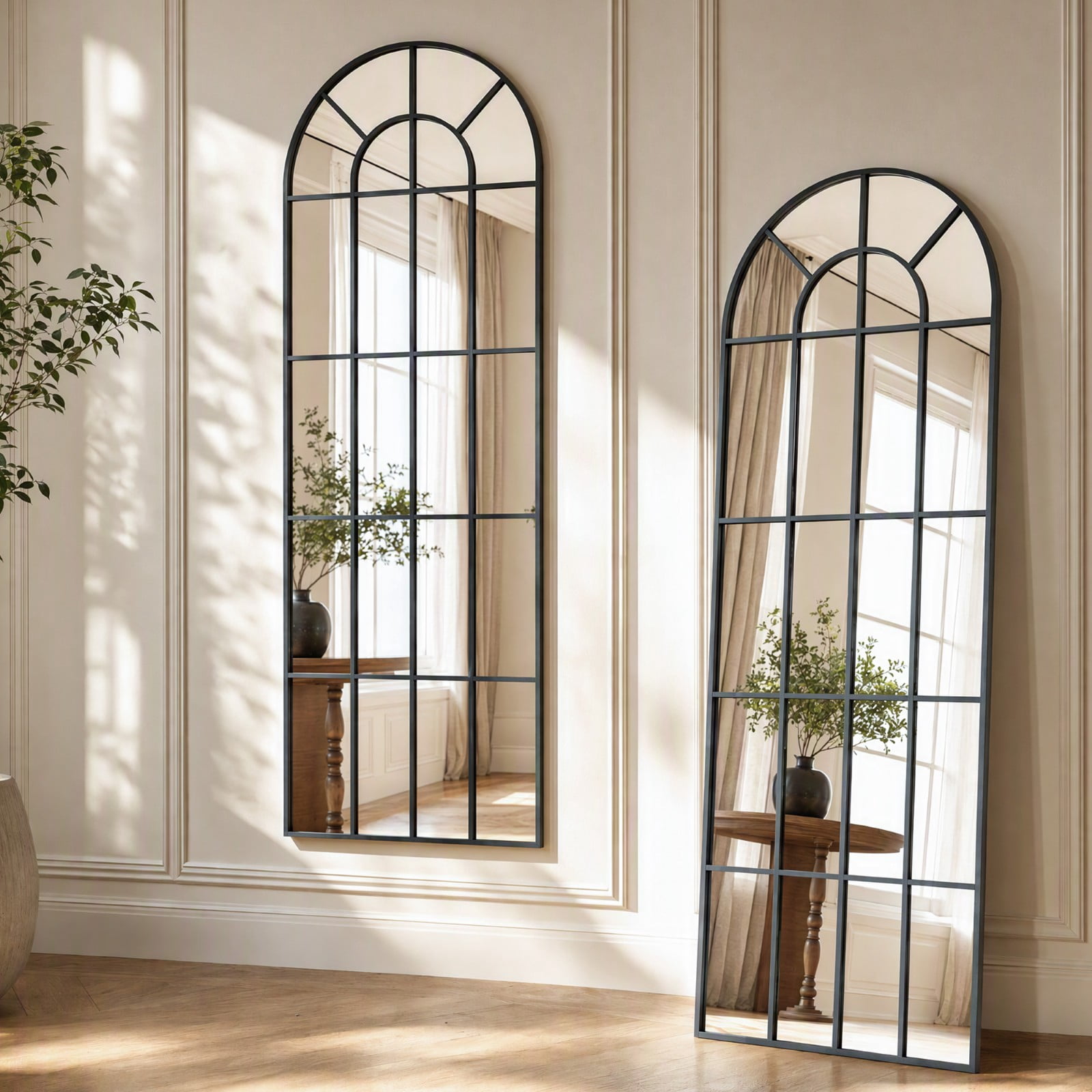 SHATTERVIEW 65"x24" Arched Full Length Mirror with Windowpane Wall-Mounted Leaning Mirror, Black