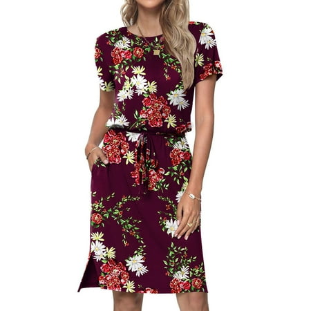 

Women Summer Round Neck Dresses Comfy Loose Short Sleeve Dress Elegant Floral Print Pocket Dress for Wedding Guest