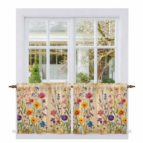 Vintage Spring Floral Tier Curtains, Summer Botanical Pastoral Flowers Light Filtering Kitchen Curtains, 2Pcs Rod Pocket Half Window Treatments Panels for Sink Cafe Cabinet Camper 27.5x36 Inches