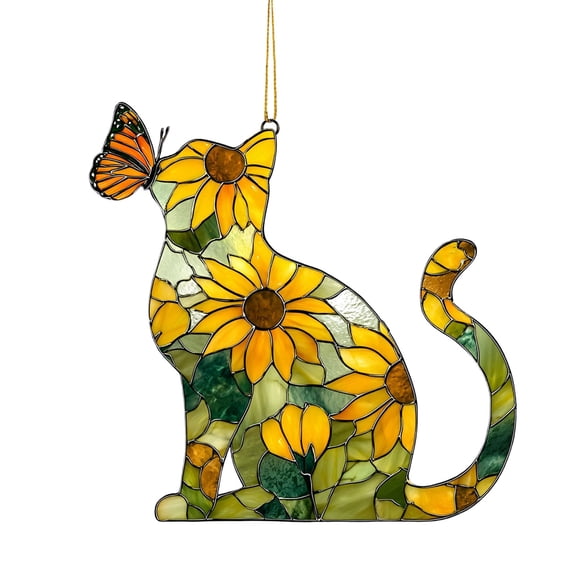Stained Glass Suncatchers for Windows, Cat and Sunflower Hanging Acrylic Pendant Decoration, Spring Summer Gifts for Cats Lovers (B)