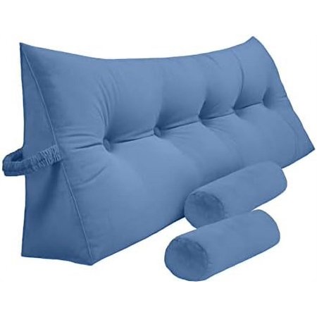 Triangular Reading Bedrest Pillow Large Bolster Cushion Headboard Backrest Wedge Pillow With Two Detachable Roll Pillows For Neck & Lumbar Support (Blue, California King 71X8x20 Inches)