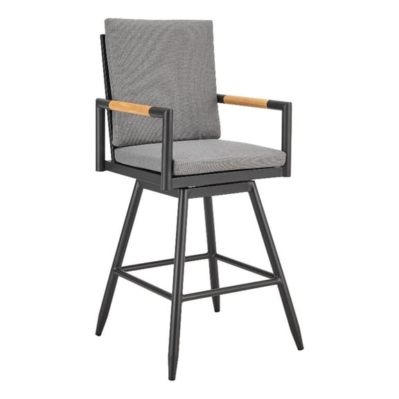 Razi 30 Inch Outdoor Swivel Barstool Chair- Black Aluminum- Gray Cushions