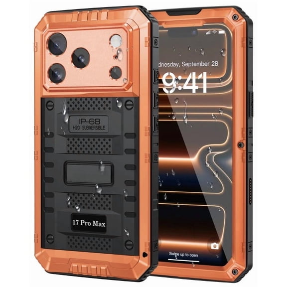 Waterproof Case for iPhone 17 Pro Max, Rugged Metal Case with Built-in Screen Protector, Heavy Duty Full Body Shockproof Protective Cover 6.9 inch, Orange