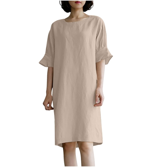 Robes Décontractées pour Femmes 2023 Robe Ample en Coton et Lin Manches Mi-Longues Col Rond Robe t-Shirts Grande Taille