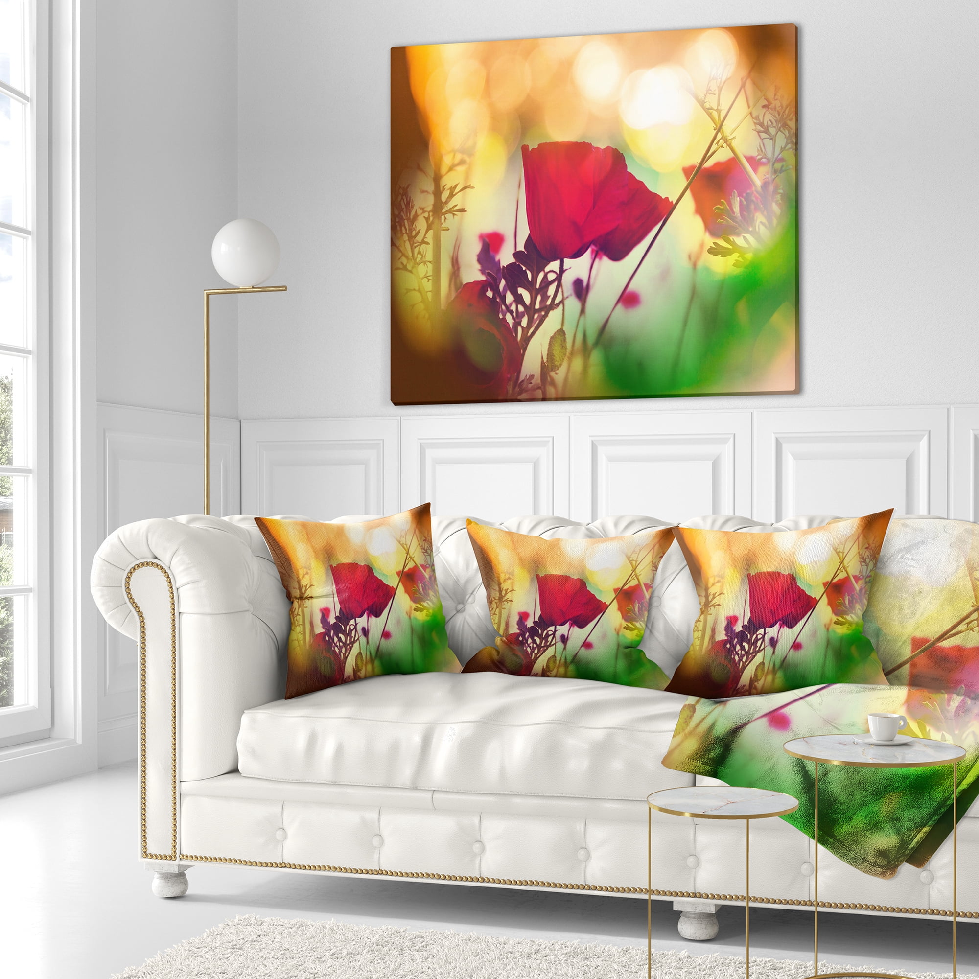 Designart Poppy Flowers with Bokeh Background - Floral Throw Pillow - 18x18