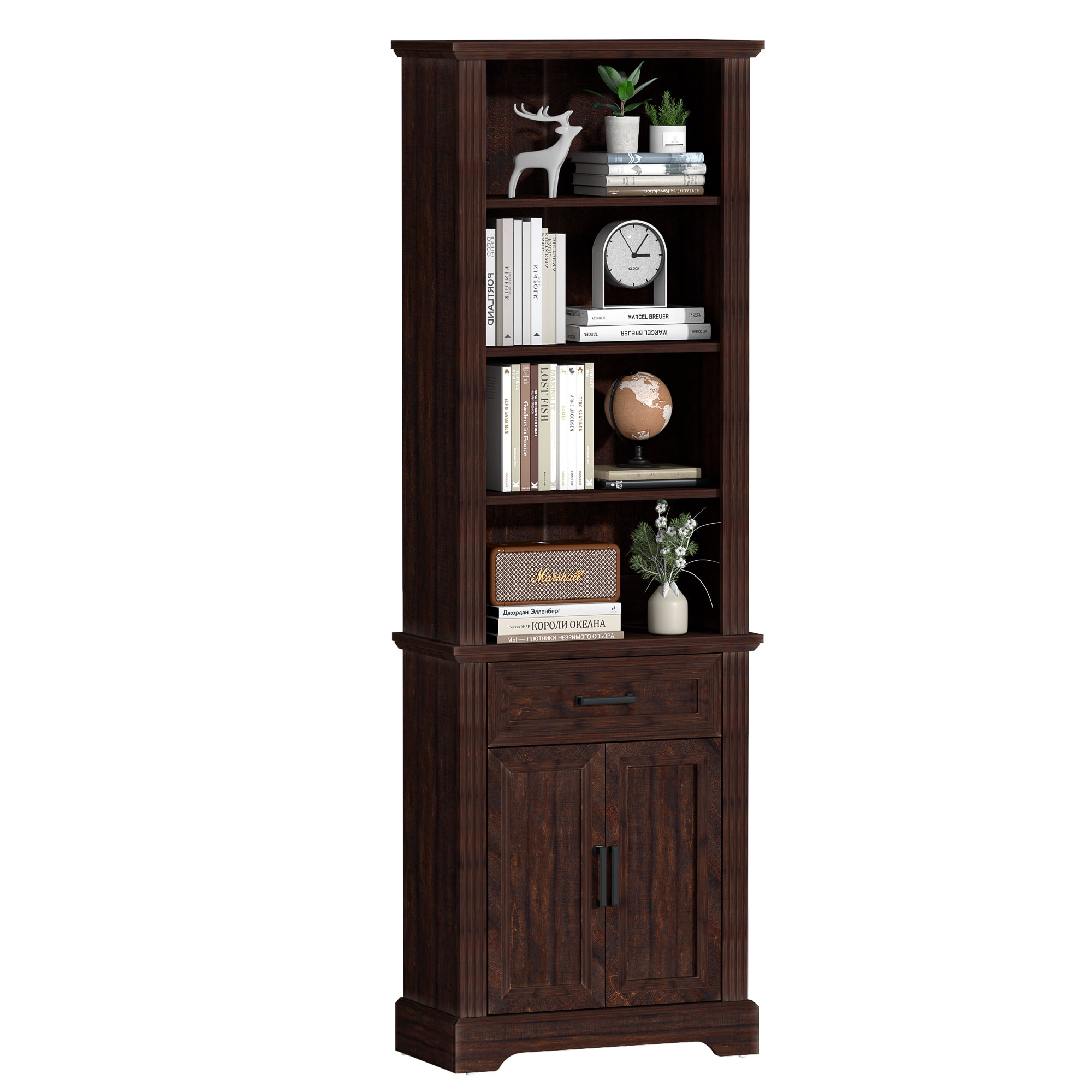 HARIPUL 72" Tall Bookcase Floor Standing with Drawer and Door, 6 Tier Wooden Storage Bookshelf for Living Room Home Office, Vintage Brown