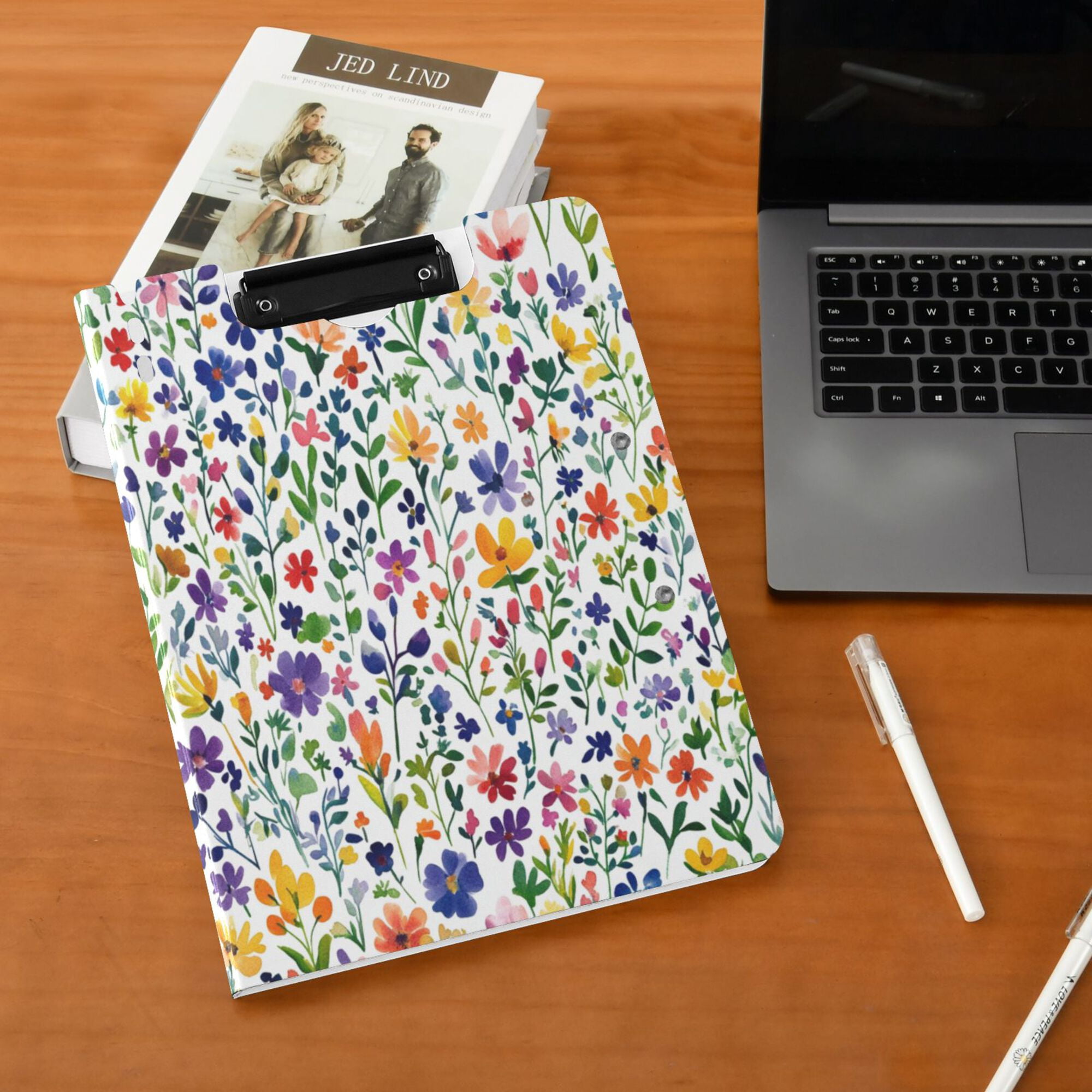 FORMRS A4 Clipboard Folder with Pen Holder Horizontal Foldable School Office Binder, Green Wildflower Pattern