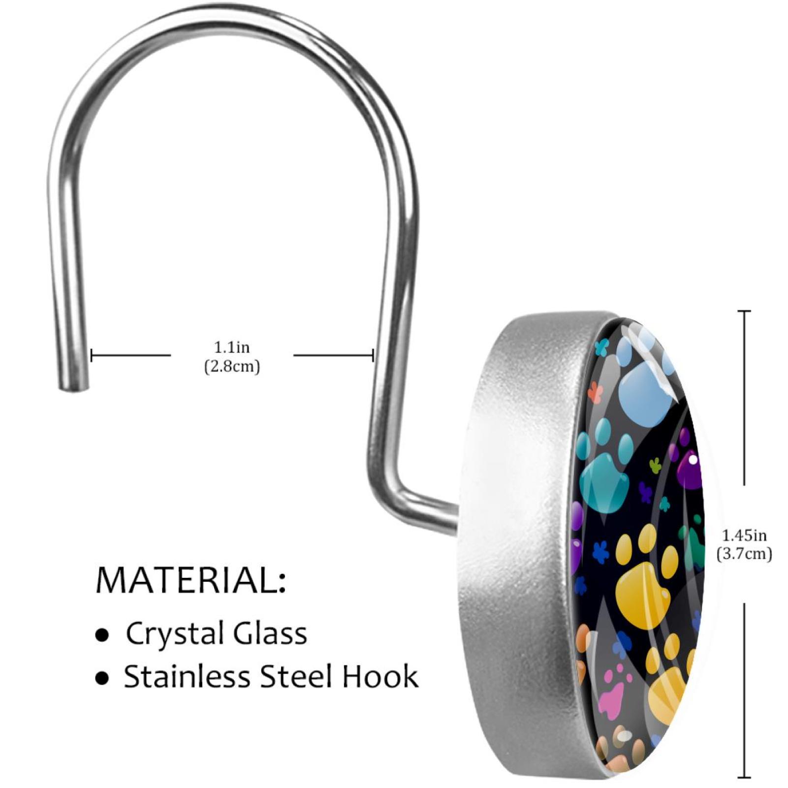Colorful Paw Footprints Shower Curtain Hooks Round Crystal Glass, Set of 12 Shower Curtain Rings - Shower Hooks for Curtain Shower Rings