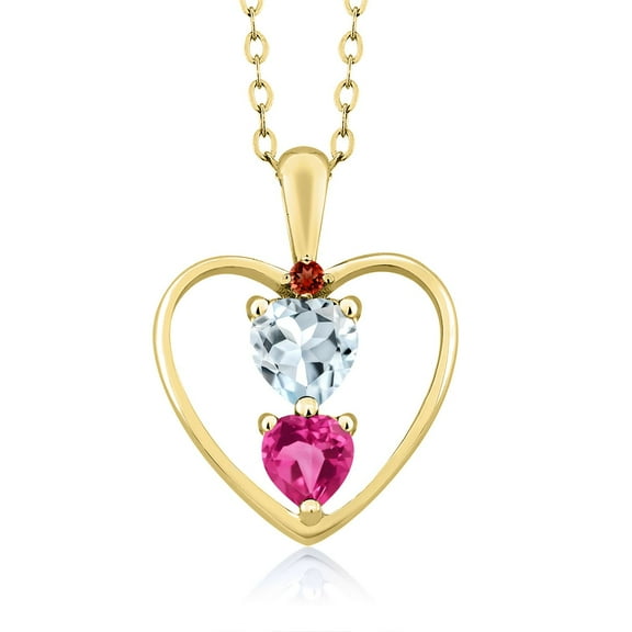 18K Yellow Gold Plated Silver Sky Blue Aquamarine Pink Created Sapphire and Red Garnet Pendant Necklace for Women (0.92 Cttw, Gemstone March Birthstone, Heart 5MM and 4MM, with 18 inch Silver Chain)