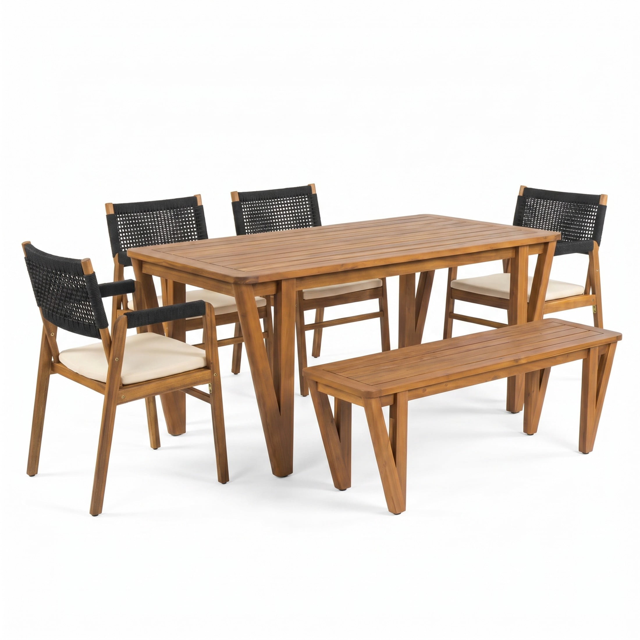 Christopher Knight Home 6-Piece Acacia Wood Patio Dining Set with Rope Chairs and Bench, Teak+Black