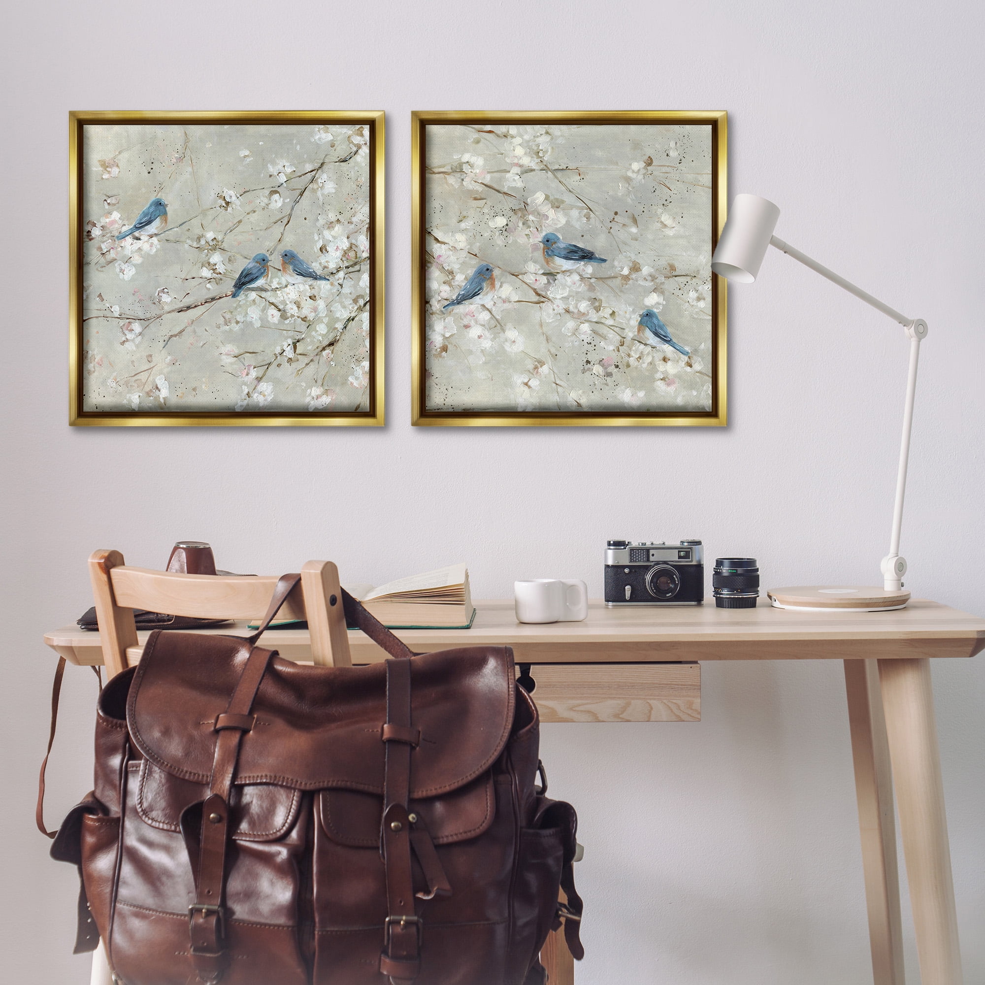 Stupell Industries Blue Birds Perched Tree Blossoms Animals & Insects Painting Gold Floater Framed Canvas Art Print Wall Art, 25 x 25, Set of 2