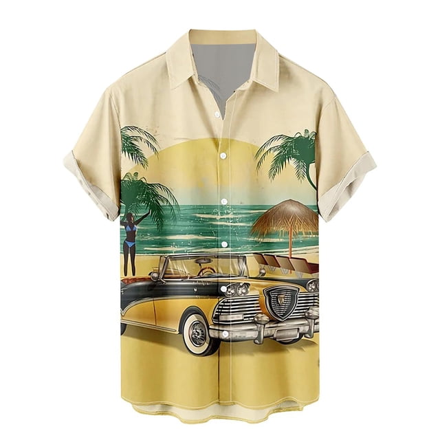 Camisas Para Hombre XXL Camisa hawaiana de manga corta para hombre, camisa con estampado 3D de solapa de primavera y verano, camiseta de moda (Khaki, S)