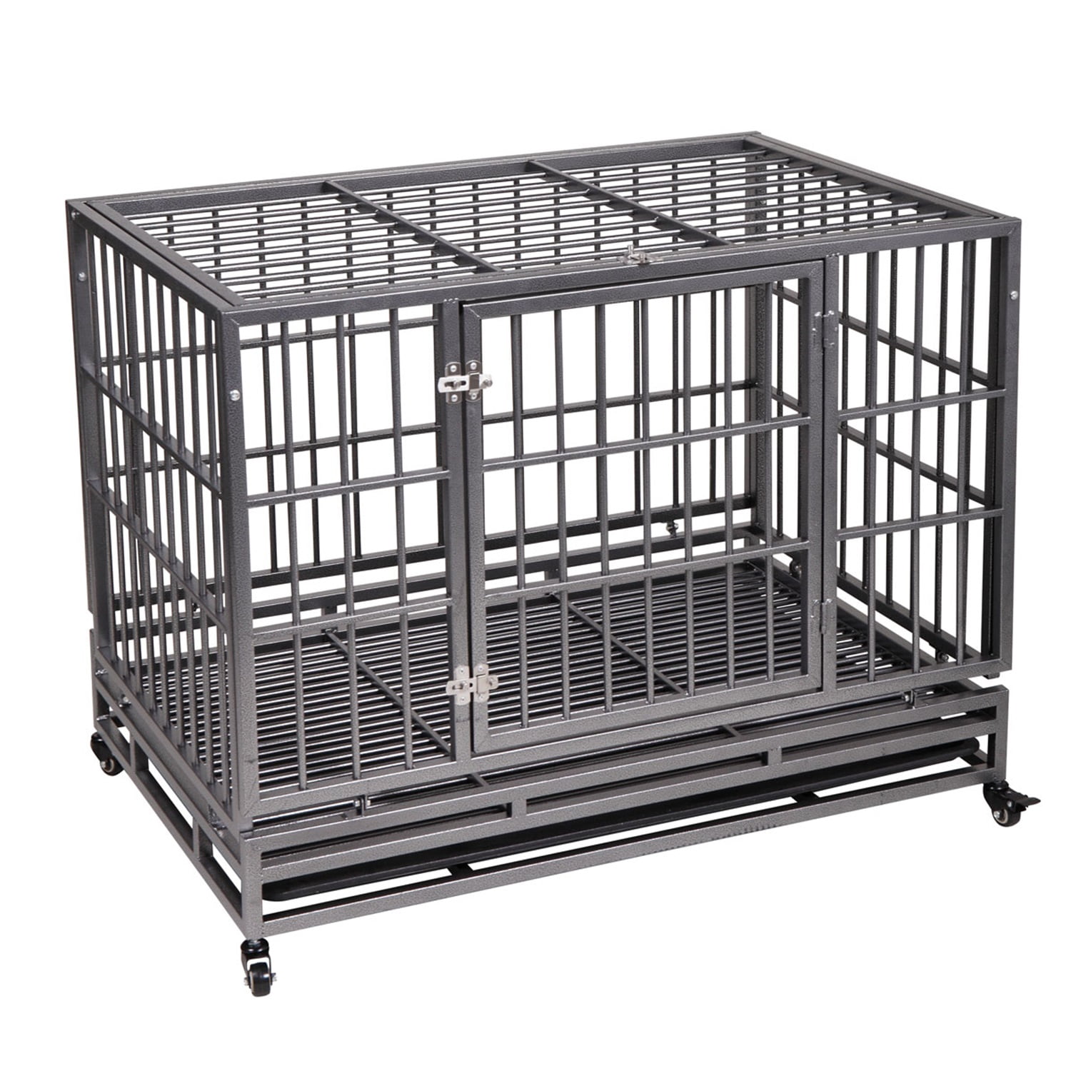 Pefilos 48" Large Dog House Indoor for Dogs, Heavy Duty Dog Crate, Escape Proof Dog Cage Kennel with Removable Tray and Wheels, Black, L Pefilos 48" Large Dog House Indoor for Dogs, Heavy Duty Dog Crate, Escape Proof Dog Cage Kennel with Removable Tray and Wheels, Black, L