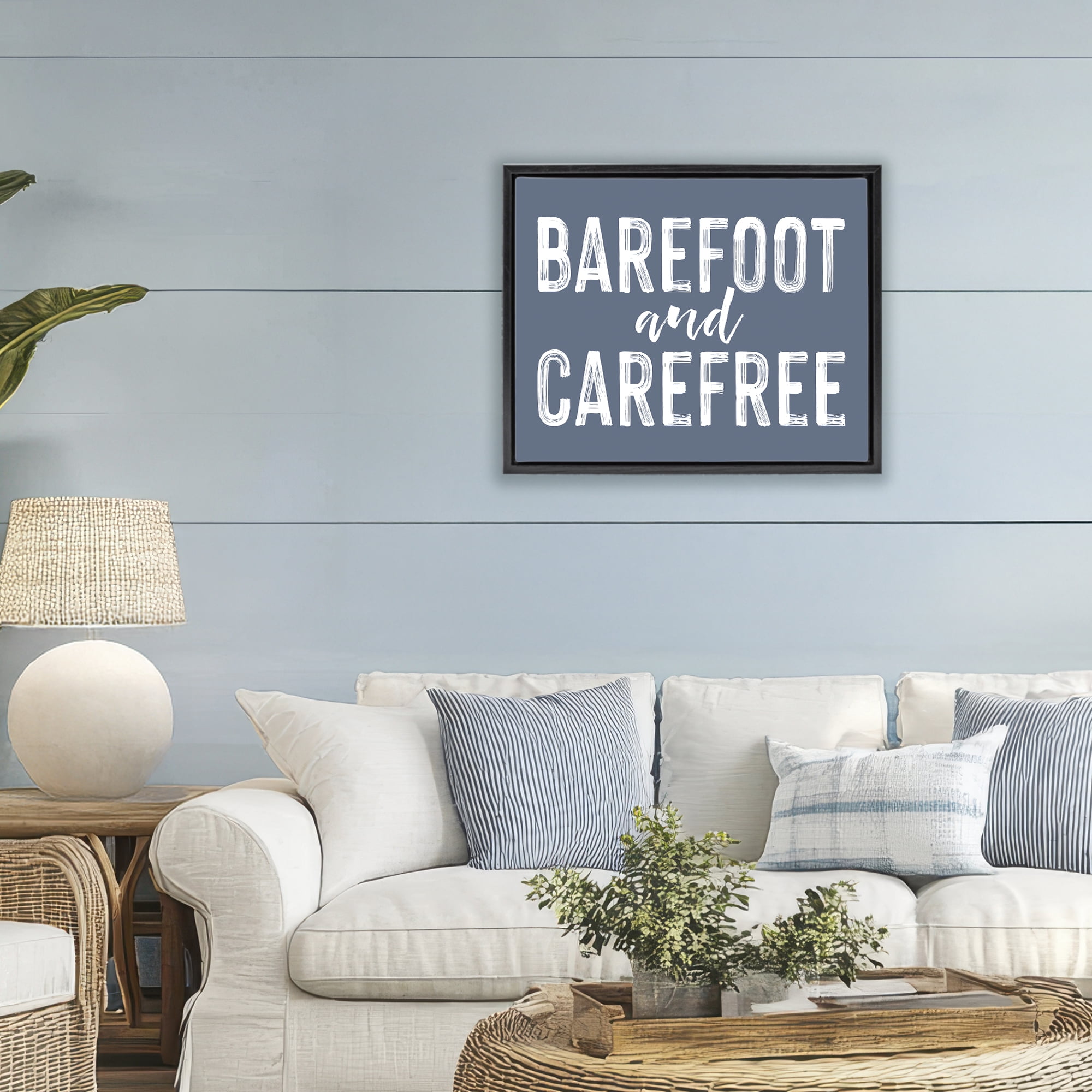 Barefoot & Carefree Blue Black Framed Floater Canvas Wall Art, design by Lettered and Lined