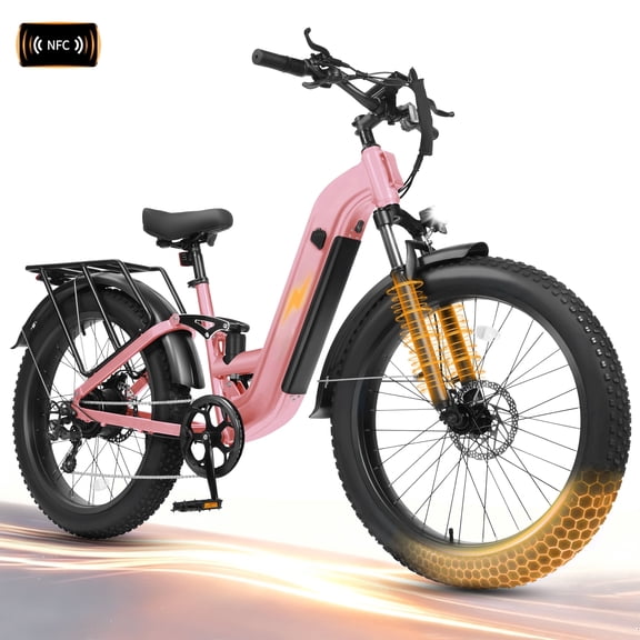 Electric Bike for Adults, 750W Motor 20MPH, Up to 80 Miles Range, 48V 20.8Ah Battery, 26"x4.0" Fat Tire, Full Suspension, 8-Speed, Pink UL2849