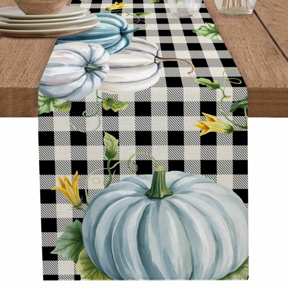 nqOlkjepod Thanksgiving Pumpkin Table Runner 36 Inches Long Farmhouse Dress Scarves, Blue White Fall Leaves Black Plaid Dining Tablerunner for Coffee Table/Kitchen Island/Party Décor, Small 13"x36"