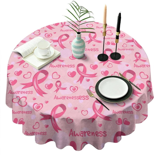 Breast Cancer Awareness Round Table Cloth,Wrinkle Free Table Cover with Polyester,Waterproof Reusable Round Table Cloths for Kitchen Picnic Party (Round,60x60inch)